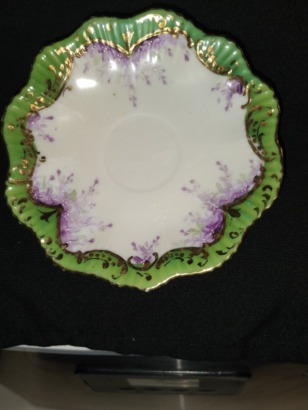 Vintage Hand Painted Porcelain Saucer Small Dish Green & Gold W/ Purple Flowers